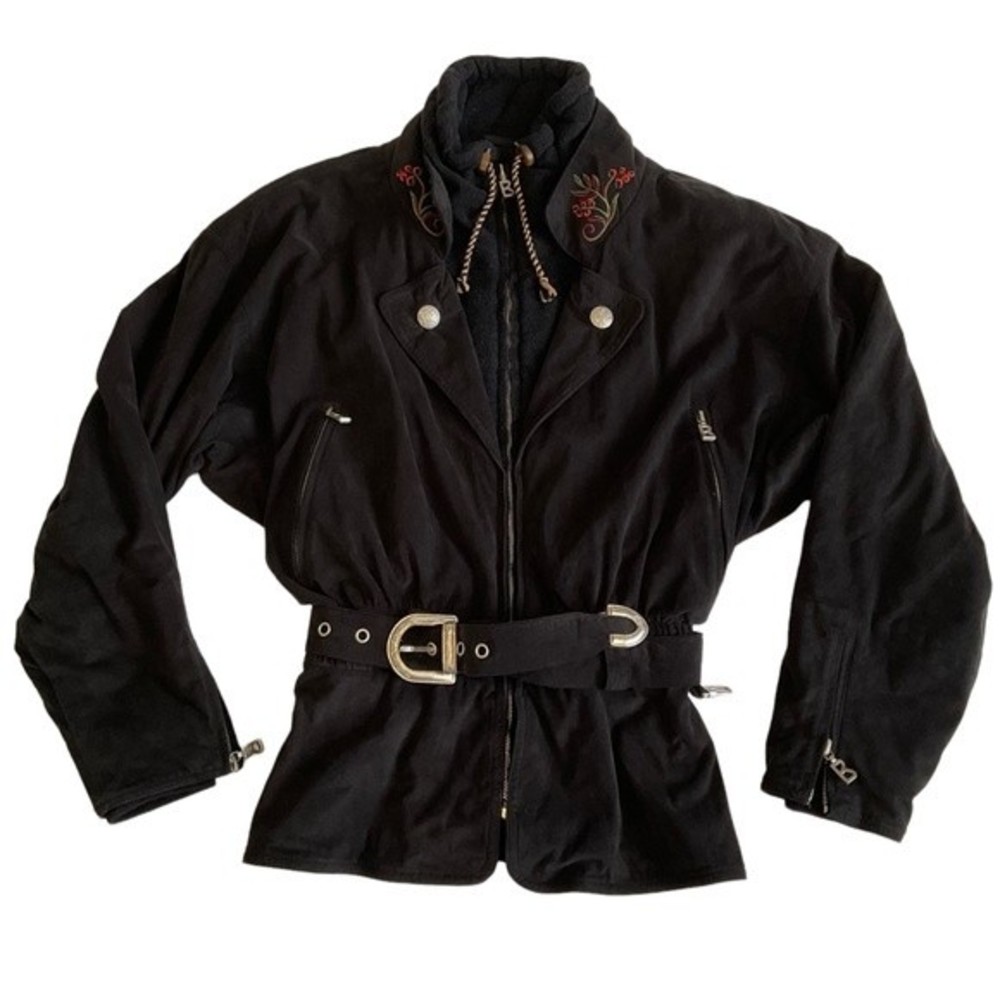 VTG Bogner Suede Embroidered Women’s Belted Ski Jacket Black Red 80s/90s Vintage